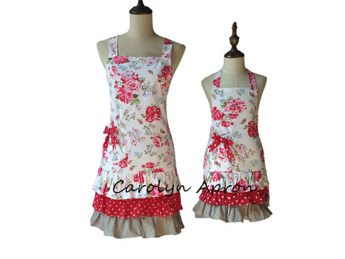 2pcs set Mother and Daughter Red Rose Floral Kitchen Apron